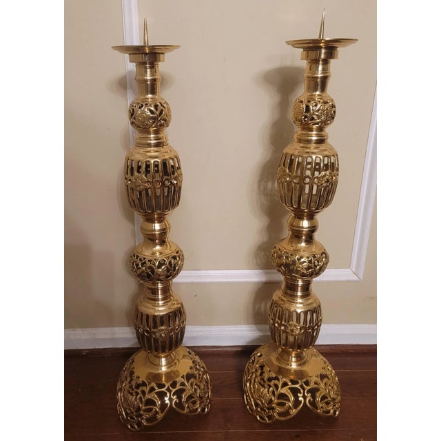 Metal Monumental Japanese James Mont Style Large Solid Brass Candle Holders, a Pair For Sale - Image 7 of 7