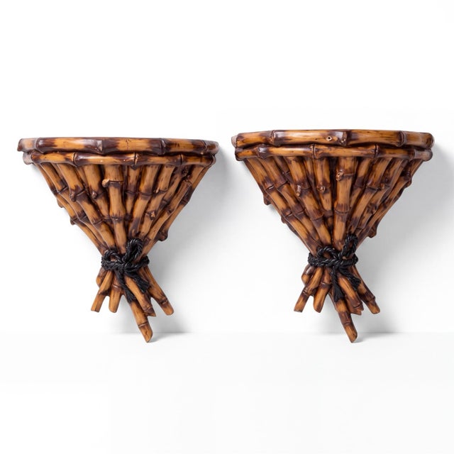 Hollywood Regency Hollywood Regency Style Composition Faux Bamboo Wall Brackets - Pair For Sale - Image 3 of 5