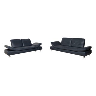 Blue Leather Rivoli Three-Seater and Two-Seater Sofas with Manual Function from Koinor, Set of 2 For Sale