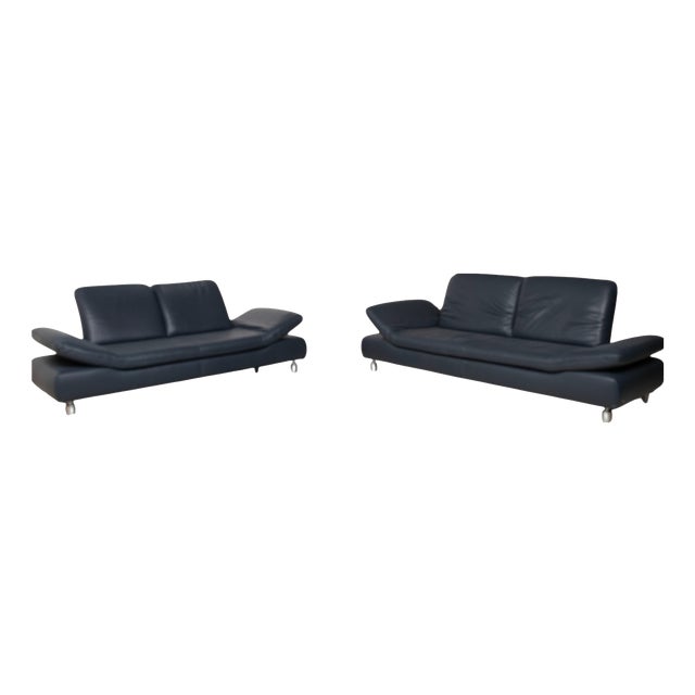 Blue Leather Rivoli Three-Seater and Two-Seater Sofas with Manual Function from Koinor, Set of 2 For Sale