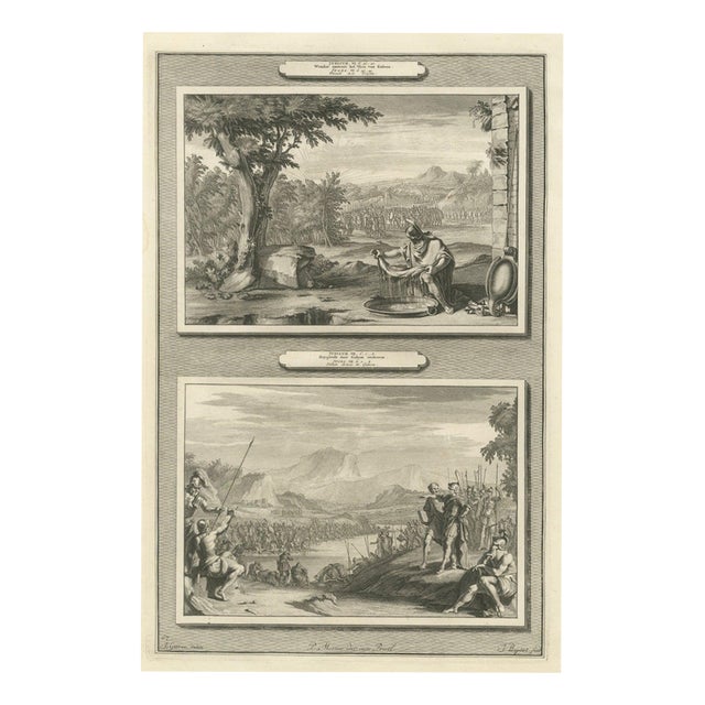 Pieter Mortier, Gideon's Fleece and Gideon Chooses His Soldiers, 1700, Engraving For Sale