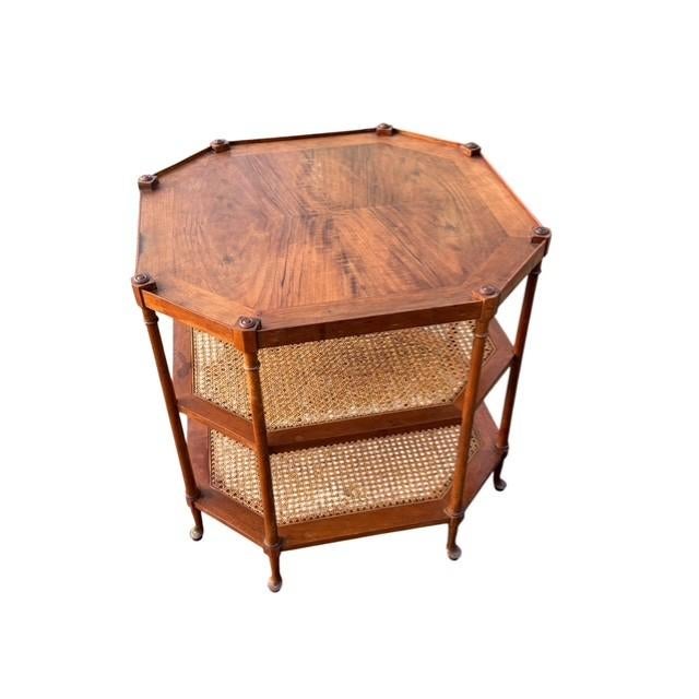 Vintage Baker Furniture Octagonal Bookmatched Walnut & Cane Three-Tier Side Table For Sale In Buffalo - Image 6 of 7