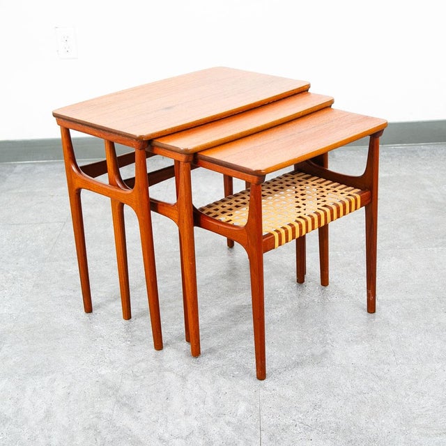 Mid-Century Modern Mid Century Danish Modern Nesting Tables Solid Teak Set 3 Denmark Cane Vintage For Sale - Image 3 of 12