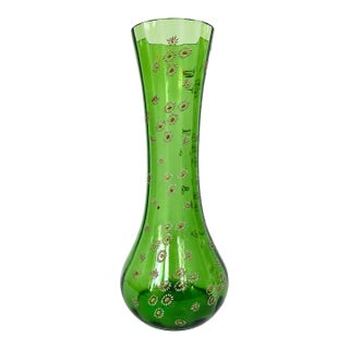 Vintage Bohemian Green Glass Hand-Enameled Floral Vase, 12” For Sale