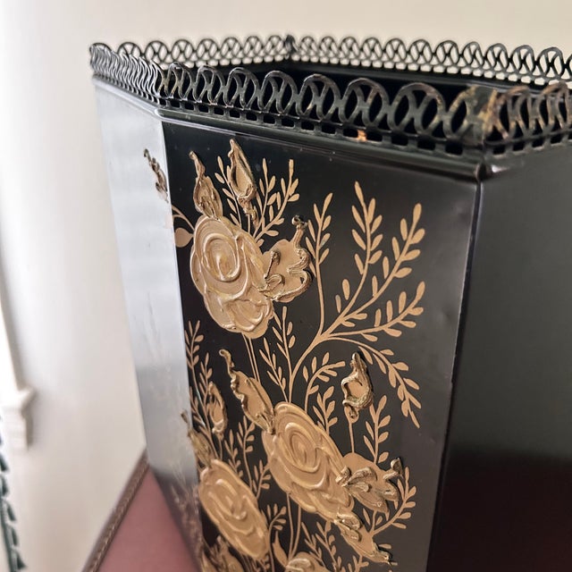 Vintage Wolff Black & Gold Floral Toleware Wastebasket For Sale - Image 9 of 14