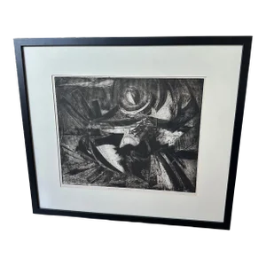 Vintage 1958 Brutalist Abstract Ink on Paper - Signed and Framed