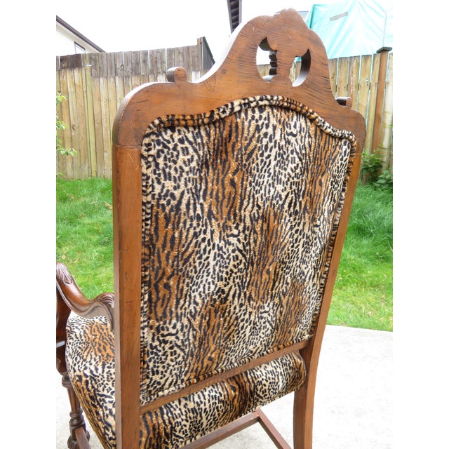 Antique Carved Wood Spanish Revival Arm Throne Chair W/ Leopard Tiger Jungle Cat Velvet Upholstery For Sale - Image 17 of 17