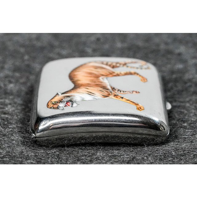 Fierce Hand Painted Enamel Tiger Antique Sterling Silver Luxury Cigarette Case Holder Tobacciana For Sale - Image 15 of 18