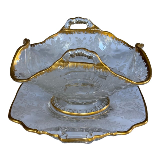 Gold Gilt Cambridge Wildflowers Bon Bon Plate & Basket Depression Glass - Two Pieces For Sale