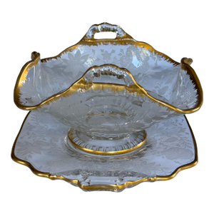 Gold Gilt Cambridge Wildflowers Bon Bon Plate & Basket Depression Glass - Two Pieces