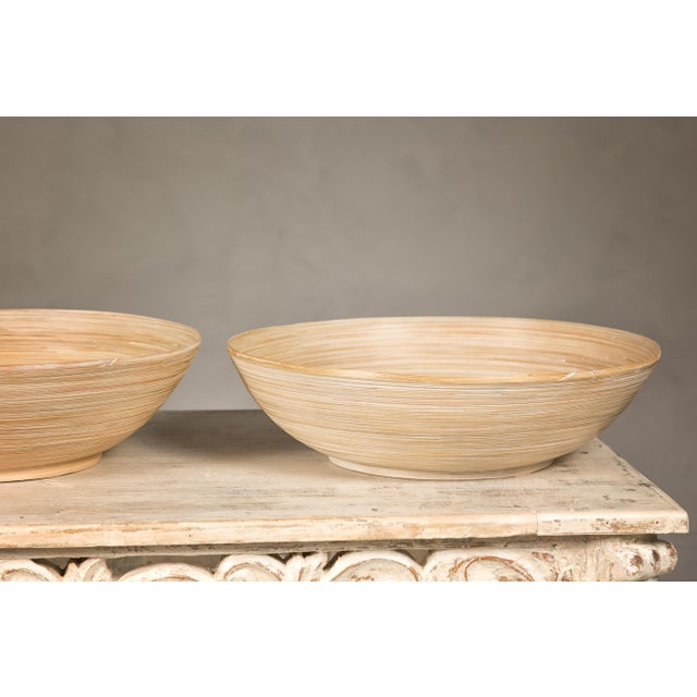 Set of Three Country Style Vintage Woven Reed Decorative Bowls in Cream Tones For Sale - Image 10 of 12