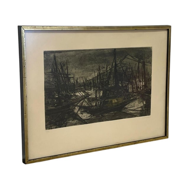 Limited edition piece depicting a harbor filled with boats, docks, masts, and waterfront structures. The composition is...