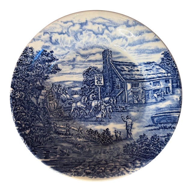 Vintage Wood & Sons “The Post House” Serving Bowl | English Ironstone Blue & White Transferware For Sale