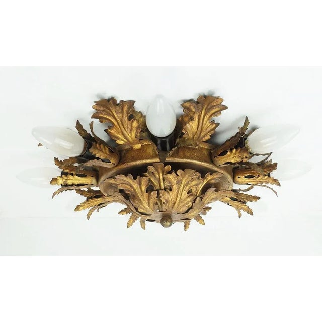 Gold Vintage Italian Hollywood Regency Style Florentine Ceiling Lamp with Metal Leaves from Banci For Sale - Image 8 of 11