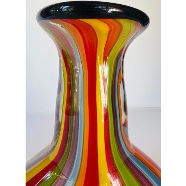 Contemporary Late 20th Century Badash Hand Blown Art Glass Rainbow Stripe Vase Black Rim 9" Colorful For Sale - Image 3 of 10
