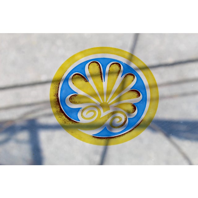 Mid-Century Modern Brass & Glass Bar Cart With Blue & Gold Medallion Top | Hollywood Regency For Sale - Image 12 of 18