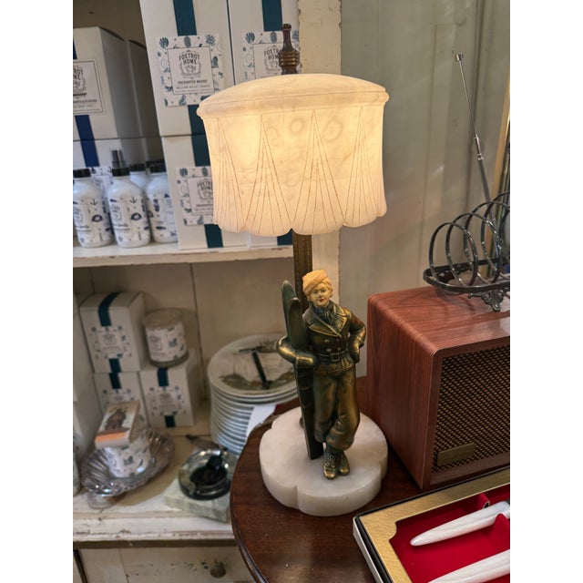 Metal 1940s Boudoir Lamp With Skier and Carved Marble Shade For Sale - Image 7 of 9