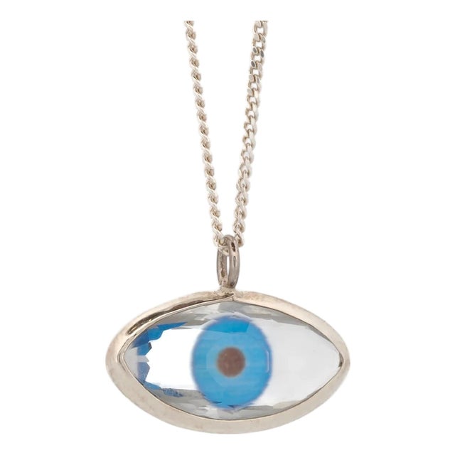 Protective Blue Evil Eye Glass Pendant Sterling Silver Necklace For Sale