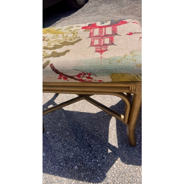 Pair of Vintage Painted Gold Bamboo Stools in Regal Fabrics “Zen Toile” Upholstery For Sale In West Palm - Image 6 of 11