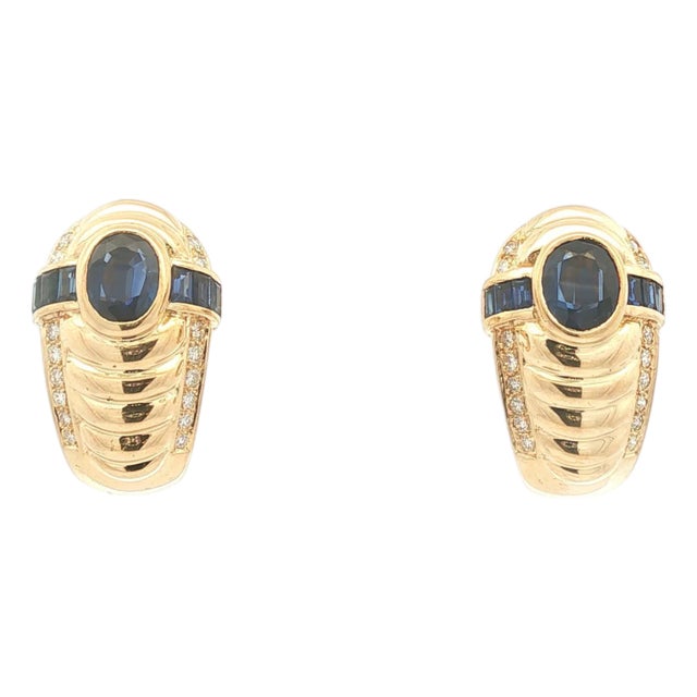 Vintage Fine Sapphire and Diamond 14k Yellow Gold Half Hoop Earrings, A Pair For Sale