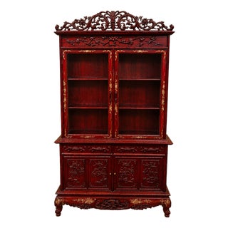 Carved and Gilded Red Lacquered Wood Bookcase, 1890s For Sale