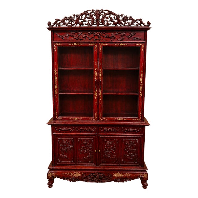Carved and Gilded Red Lacquered Wood Bookcase, 1890s For Sale