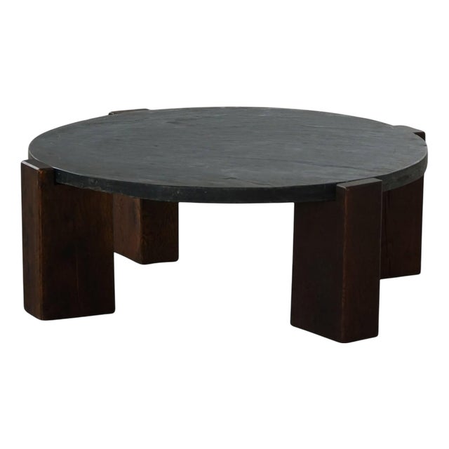 Brutalist French Round Coffee Table in Oak and Slate, 1970s For Sale