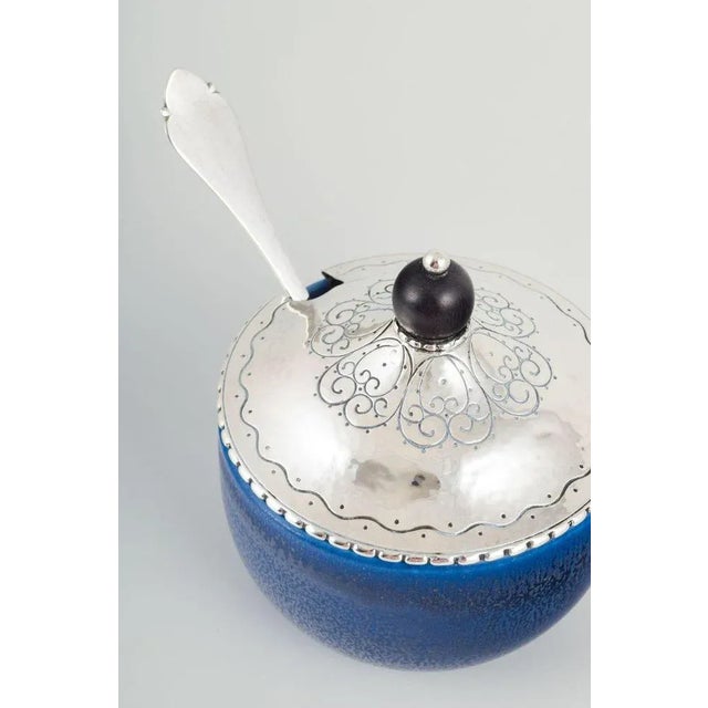 Wilhelm Kåge (1889–1960), Kåge Verkstad, Gustavsberg. Jam jar with matching Danish three-tower silver lid and silver...