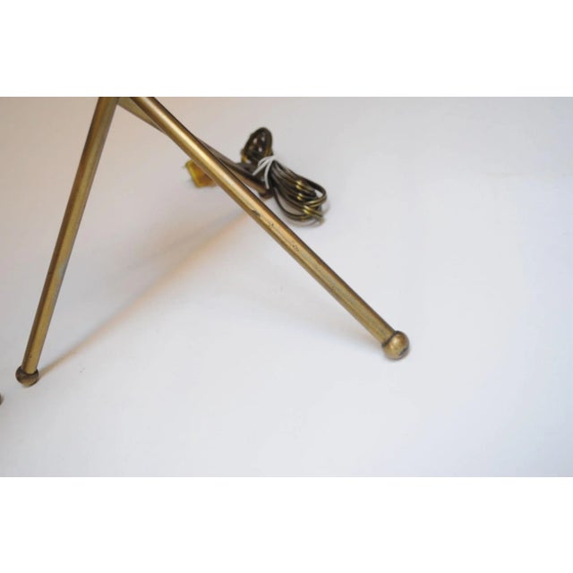 Pair of Modernera Cork and Brass Tripod Table Lamps With Fiberglass Shades For Sale - Image 11 of 12