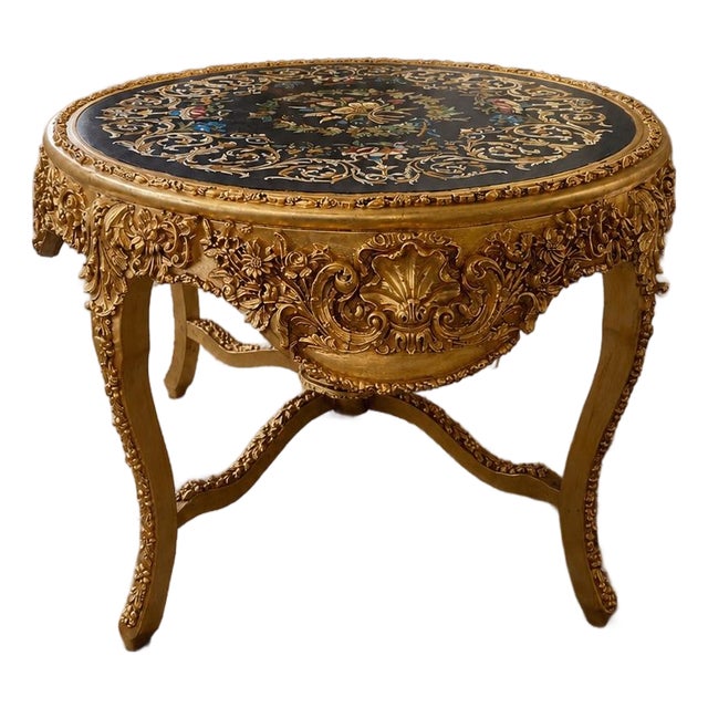 1980s Italian Artisan Baroque Gold Beech Floral Center Table For Sale