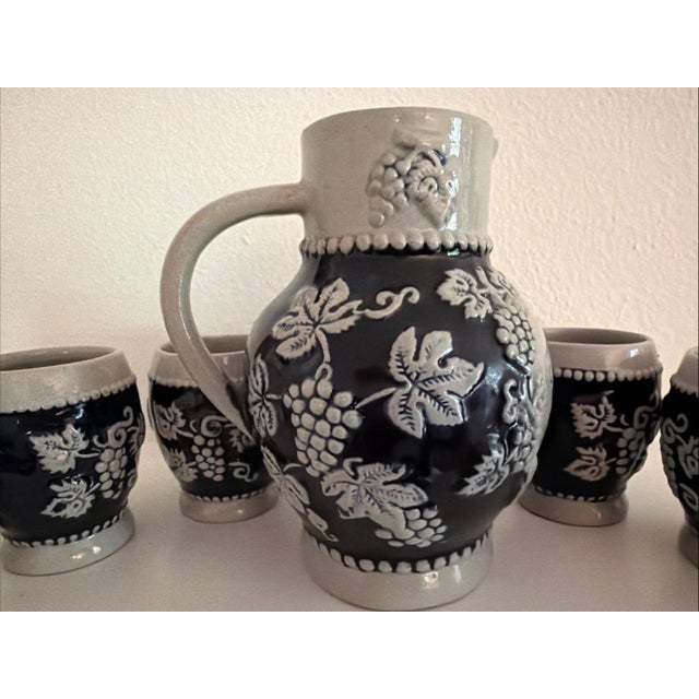 Vintage German Stoneware Wine Set With Pitcher & 6 Cups For Sale In Milwaukee - Image 6 of 7