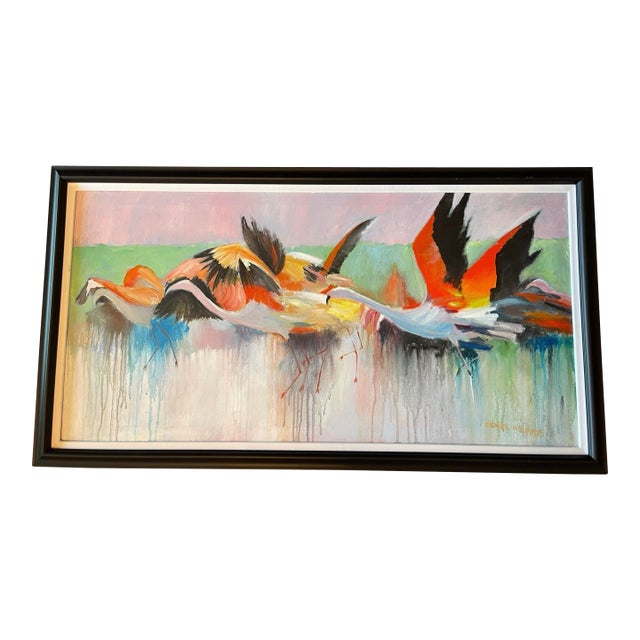 “Flamingos in Flight” | Large Abstract Flamingo Painting by Michael Moulton, 44” W For Sale