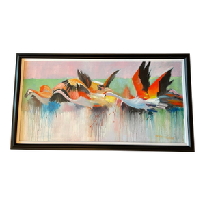 “Flamingos in Flight” | Large Abstract Flamingo Painting by Michael Moulton, 44” W
