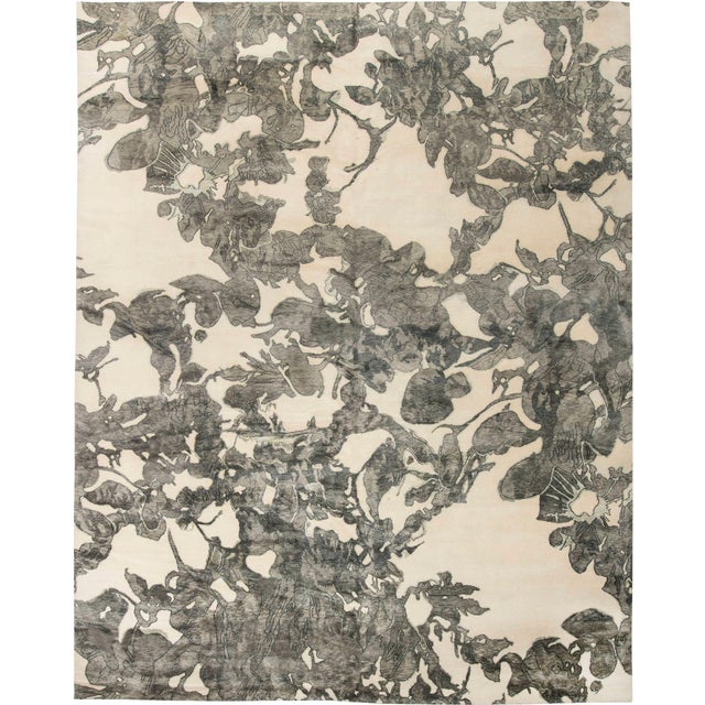Modern Abstract And Charcoal Silk Oversized Rug "Shadowleaf" Designed By Eskayel For Sale