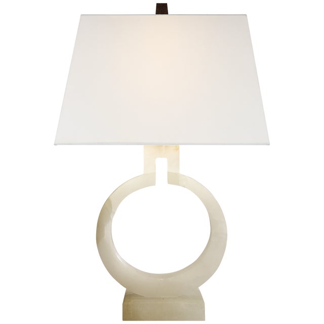 Modern Chapman & Myers by Visual Comfort Signature Ring Form Small Table Lamp in Alabaster with Linen Shade For Sale - Image 3 of 3