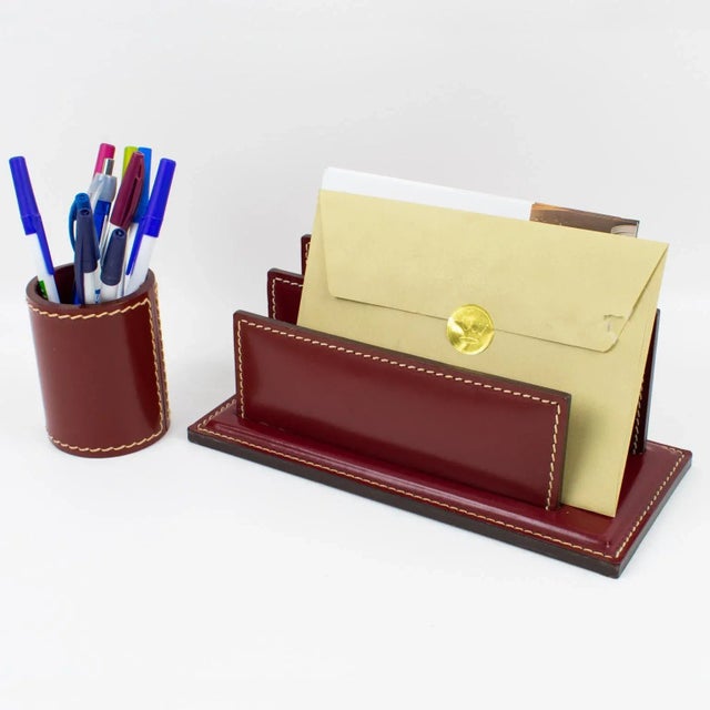 1940s Art Deco Hand-Stitched Red Leather Desk Office Set Letter and Pen Holders For Sale - Image 5 of 13