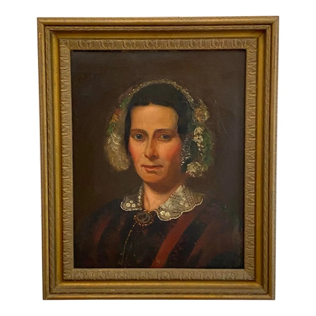 Antique 19th Century American Folk Portrait of Woman in Lace Cap, Original Oil on Canvas For Sale