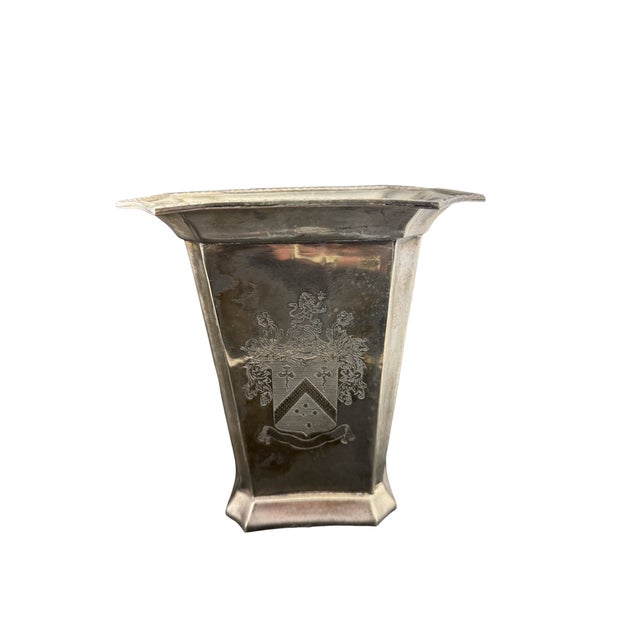 Early 20th Century Silver Tapered Shaped Engraved Coat of Arms Urn Pair For Sale - Image 5 of 7