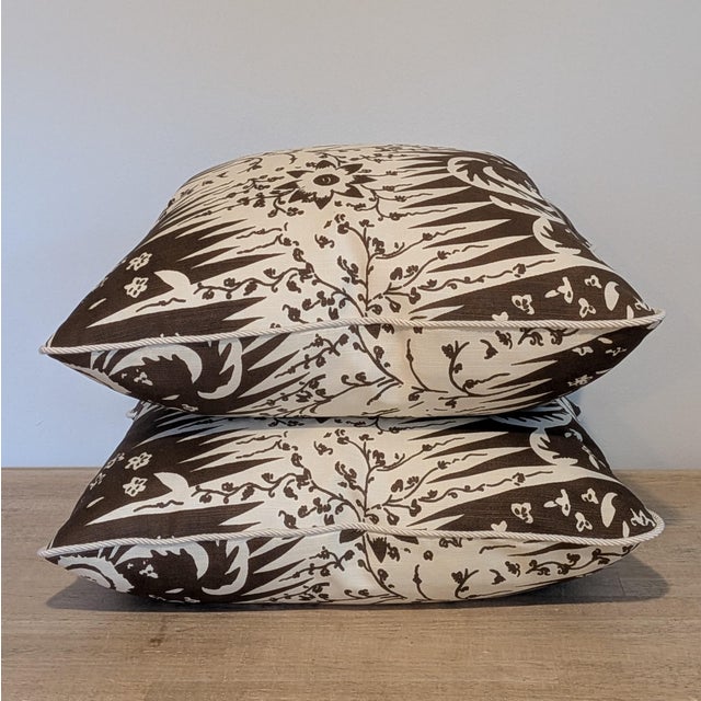 Quadrille Les Indiennes print pillows in brown on tint, with Samuel and sons loire ivory cord. 55% linen, 45% cotton,...