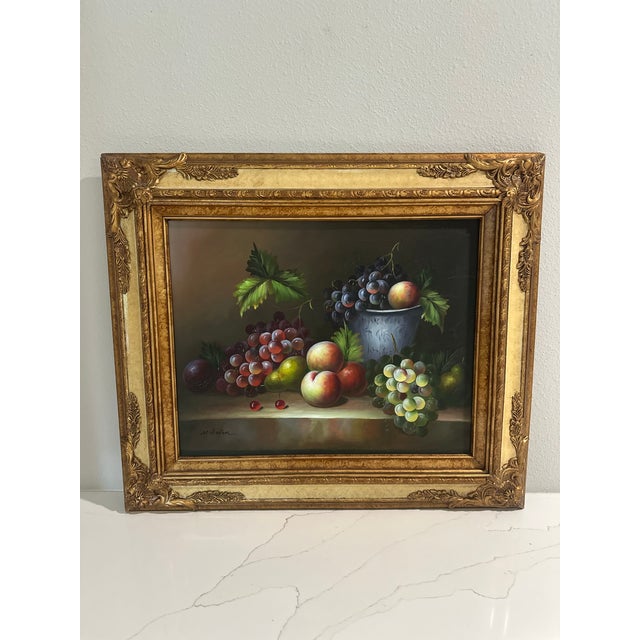 French Country Original M. Aaron Oil Painting | 28x24 Still Life | Ornate Gold Frame | Vintage For Sale - Image 3 of 5