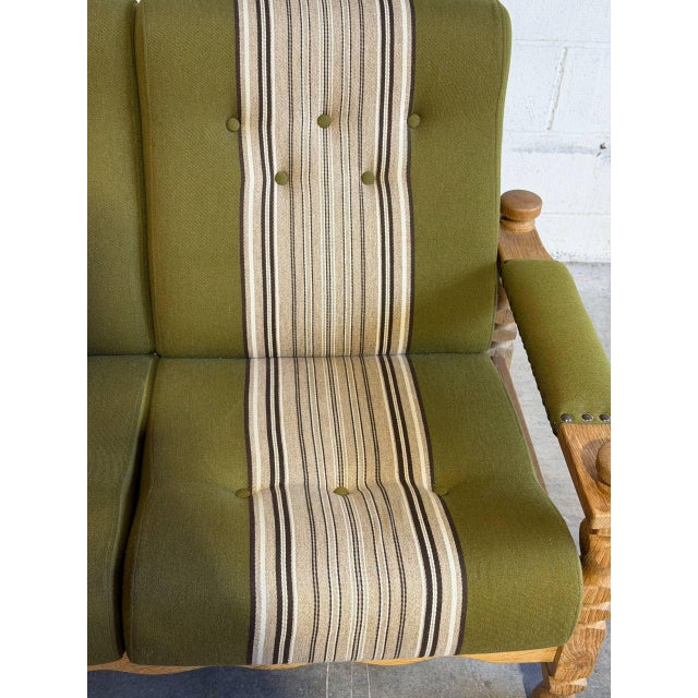 Vintage Danish Oak Sofa in Style of Henning Kjærnulf Green Striped Upholstery Mid Century For Sale In Los Angeles - Image 6 of 10