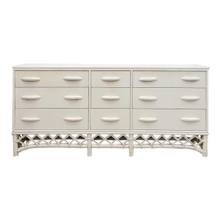 Vintage White Rattan 9-Drawer Dresser Old Florida Ficks Reed Style MCM Coastal For Sale