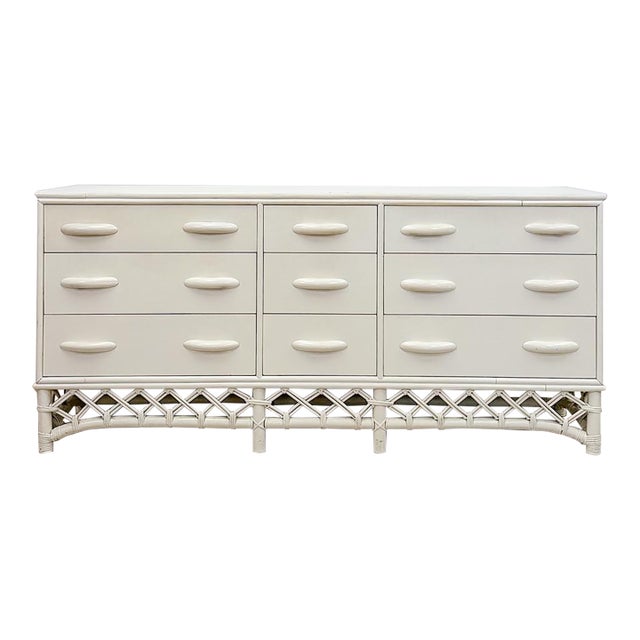 Vintage White Rattan 9-Drawer Dresser Old Florida Ficks Reed Style MCM Coastal For Sale