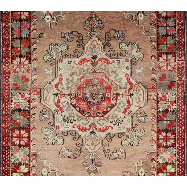 Tribal Vintage Turkish Oushak Floral Medallion Design in Camel, Black, Red, Gray & Tan For Sale - Image 3 of 14