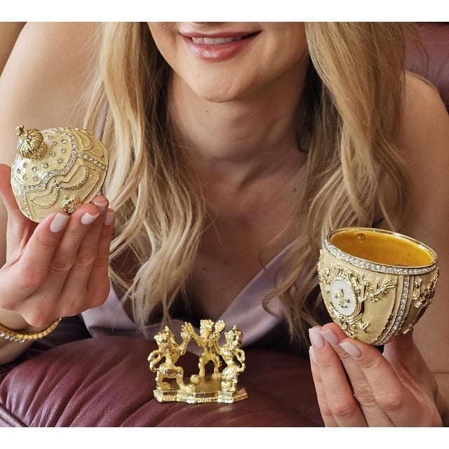 Pierre Lorren Handmade Faberge Egg Style Trinket Fabergé Egg Style Austrian Crystal Diamond Pure Gold Deco Hand Painted 5 Star Egg & Handmade Bracelet For Sale - Image 6 of 11