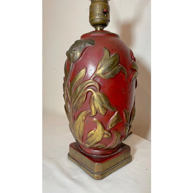 Antique Heavy Bronze Clad Polychromed Red Flower Relief Electric Table Lamp For Sale - Image 4 of 11