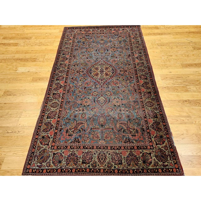 Early 20th Century Vintage Persian Kashan Area Rug, Handwoven Floral Pattern, Aqua Blue & Teal Green, 5’ X 8’ For Sale - Image 5 of 12