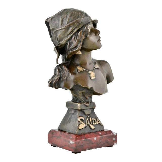 Emmanuel Villanis, Art Nouveau Saida Bust, 1890, Bronze on Marble Base For Sale - Image 6 of 11