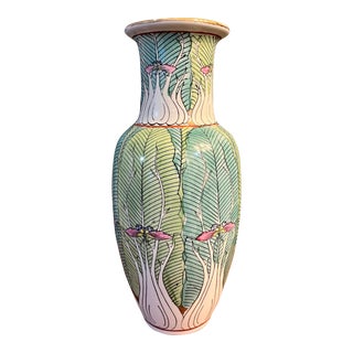 Antique Tall Porcelain Bok Choy Butterfly Vase Early 20th Century China Signed For Sale