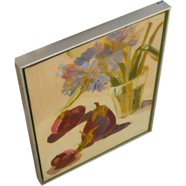 Pear & Cut Flowers in a Glass, Botanical Still Life in Magentas by Josephine Guerra For Sale - Image 9 of 11